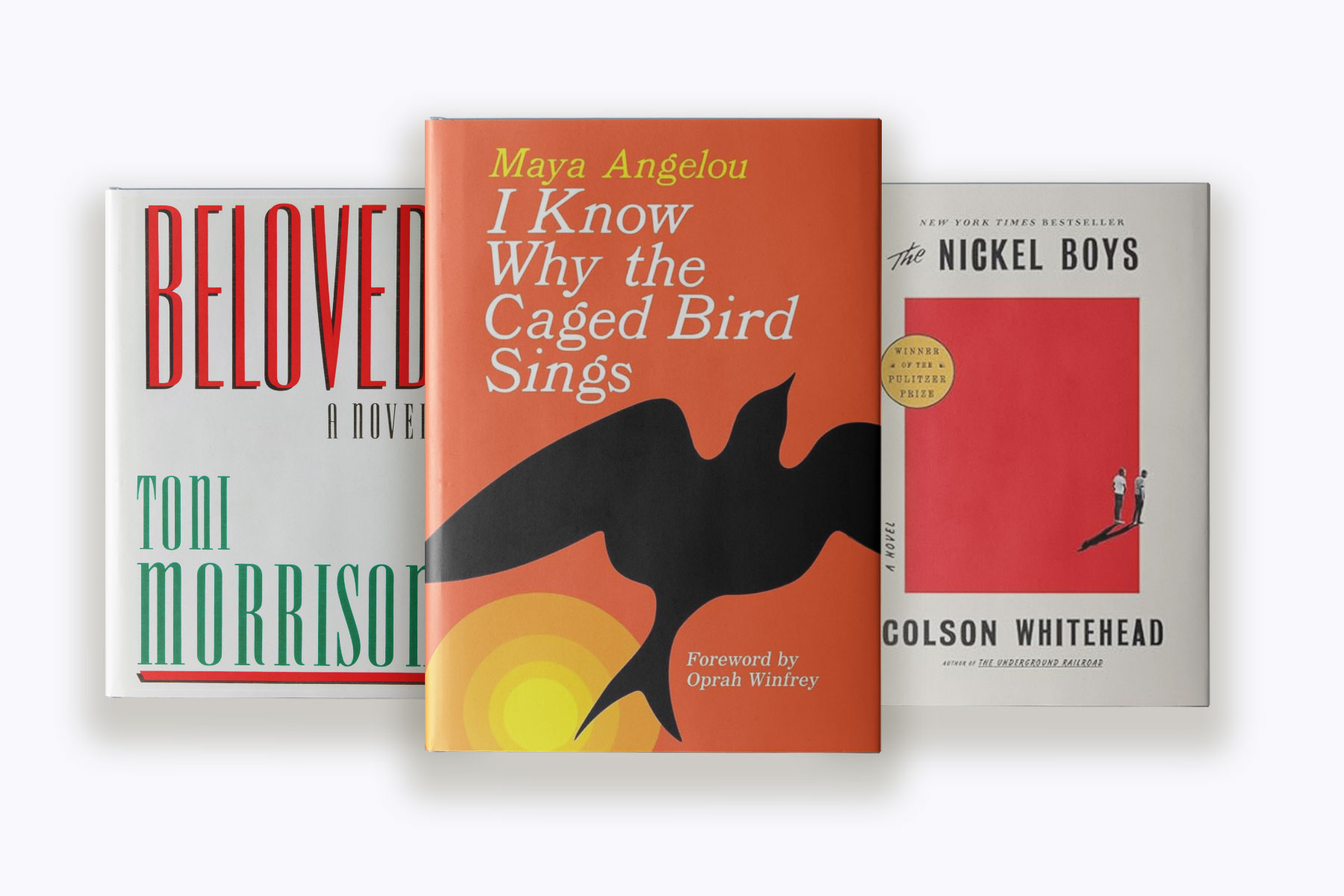 A compilation of book covers for Black History Month that include: Toni Morrison's "Beloved", Maya Angelou's "I Know Why the Caged Bird Sings", and Colson Whithead's "The Nickel Boys."