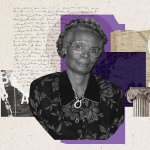 A photo collage of an older woman laid over collaged elements like writing, torn paper and blocks of color.
