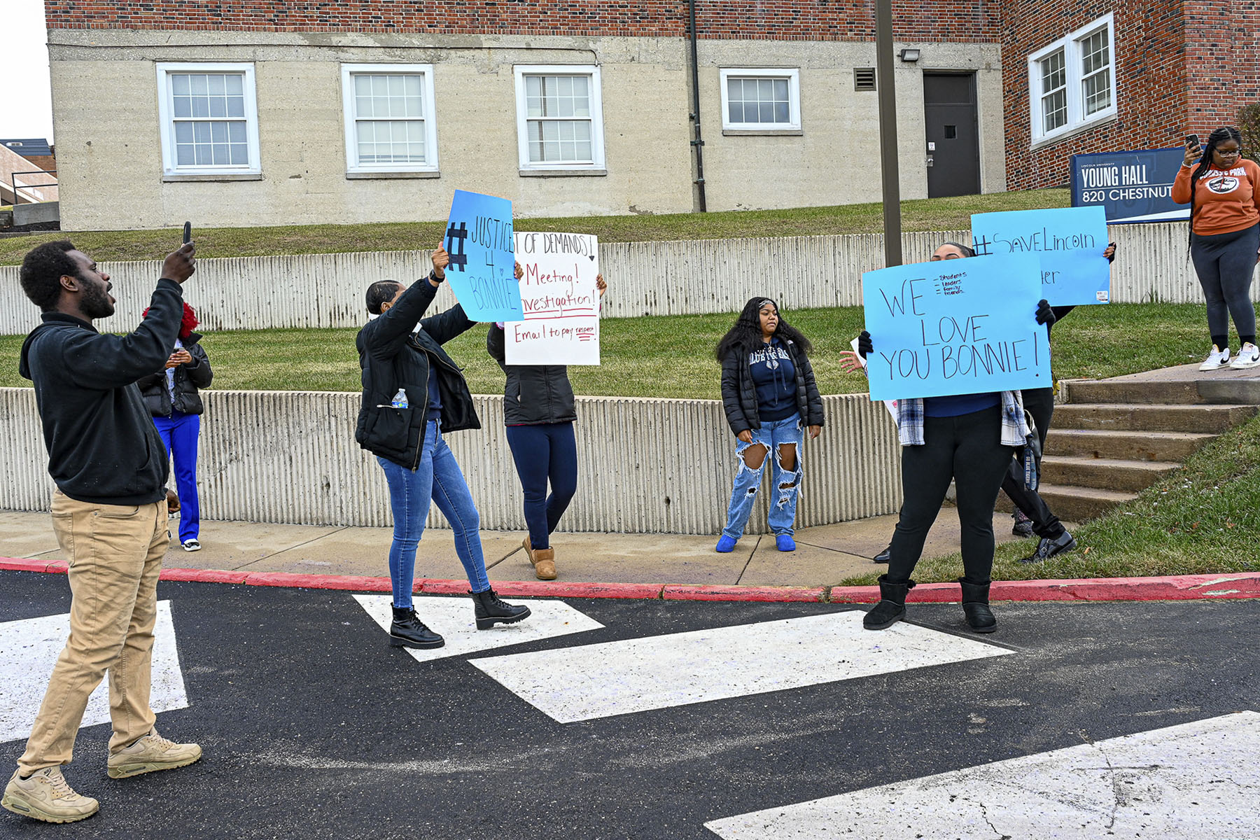 Lincoln University students protest outside the administration building calling for the removal of Lincoln University President John Moseley.
