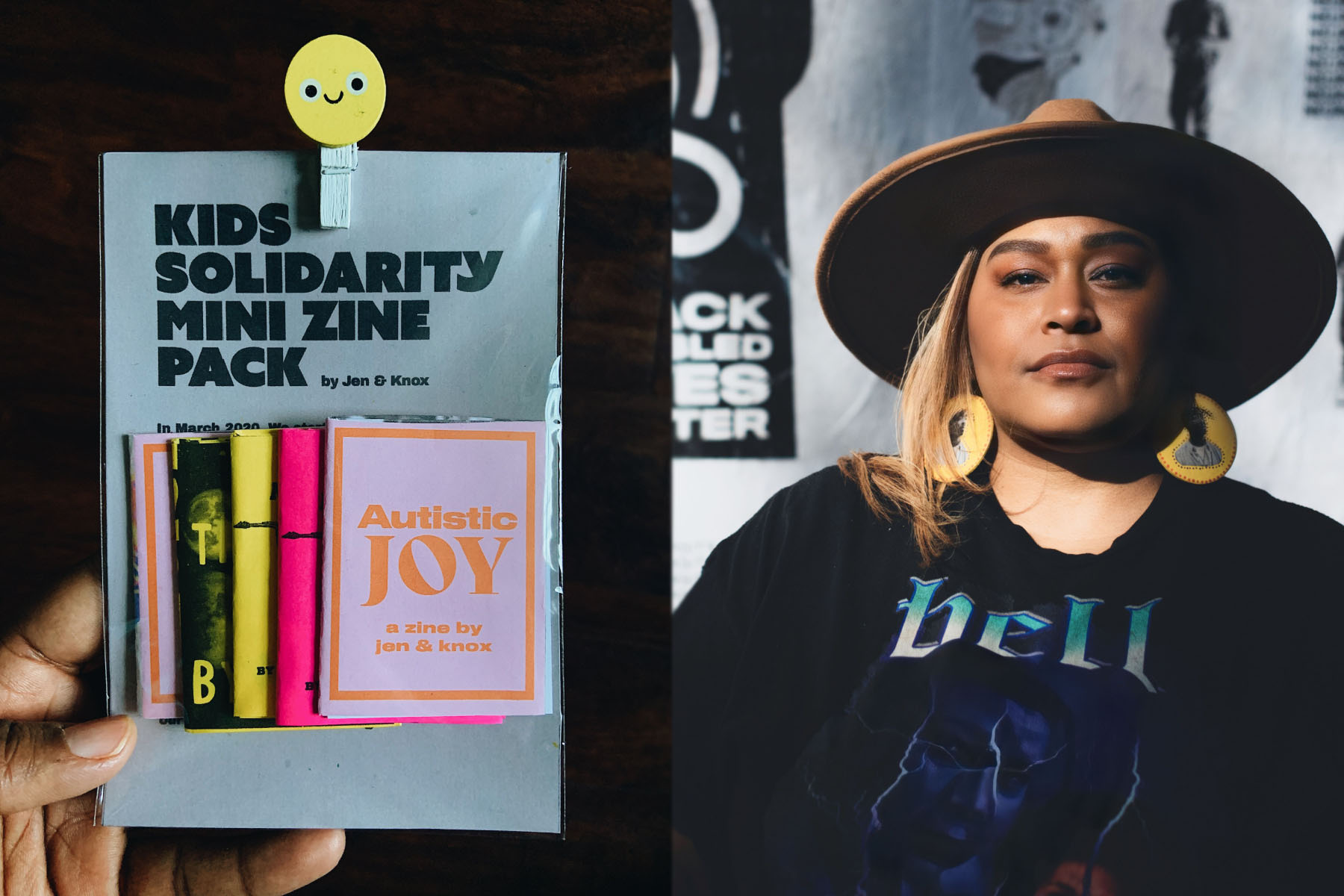 Diptych of Jen White Johnson posing for a portrait and a mini zine pack she designed.
