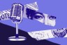 A purple illustration of a microphone as promotion for The Amendment podcast with Errin Haines.