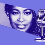 A purple illustration of Errin Haines and a microphone as promotion for The Amendment podcast.
