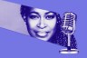 A purple illustration of Errin Haines and a microphone as promotion for The Amendment podcast.