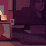 Illustration of a parent's desk with photos of their child and a post-it that reads 'pick up 3:10.' In the reflection of the desktop computer, the parent can be seen smiling while looking at a picture of her child.
