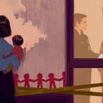 Illustration of a mother holding her child in front of a daycare surrounded by police tape. Inside the daycare through a window, two parents are seen speaking to a third person, with shock and desperation on their faces.