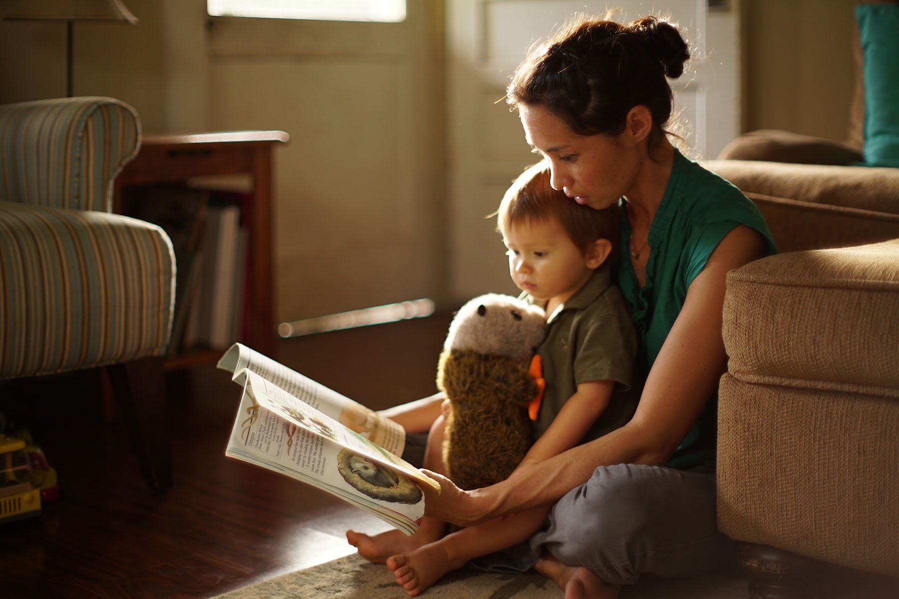 Cynthia King reads to her son Dexter Muir at their home.