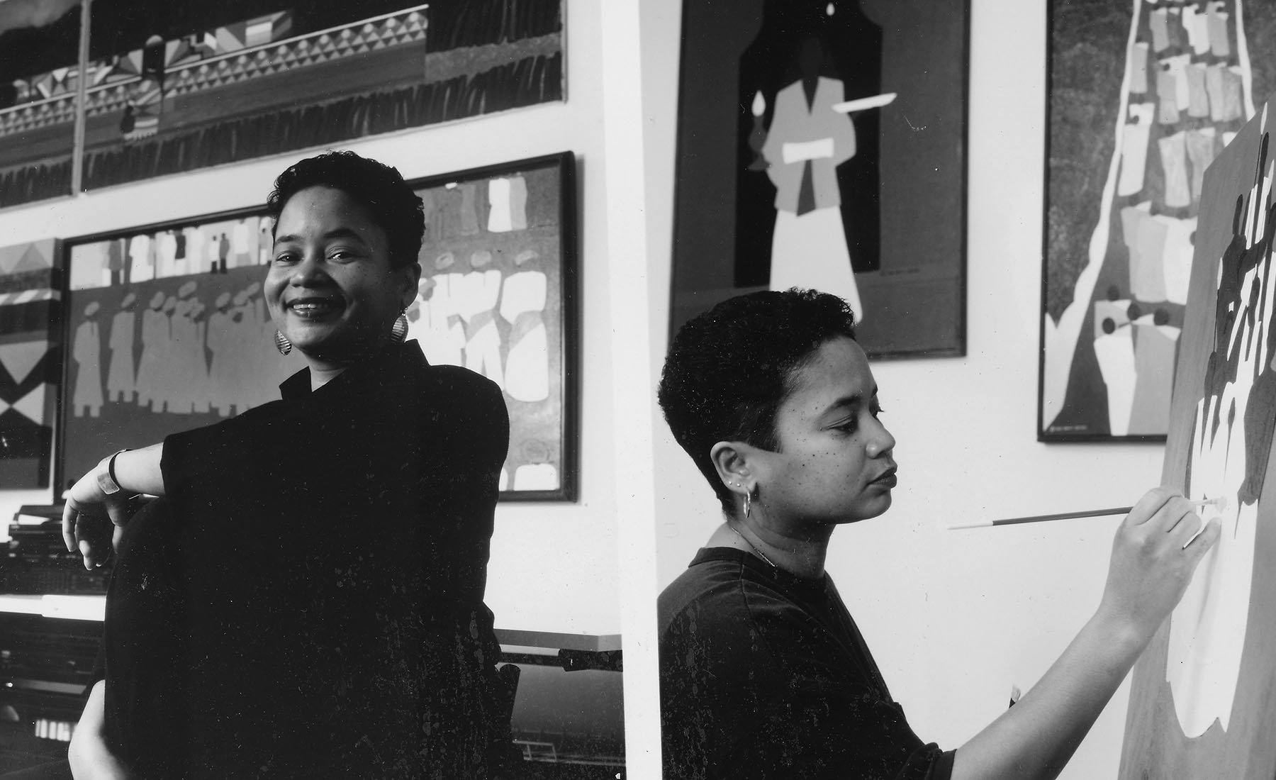 Diptych of Synthia Saint James posing and painting in her studio.