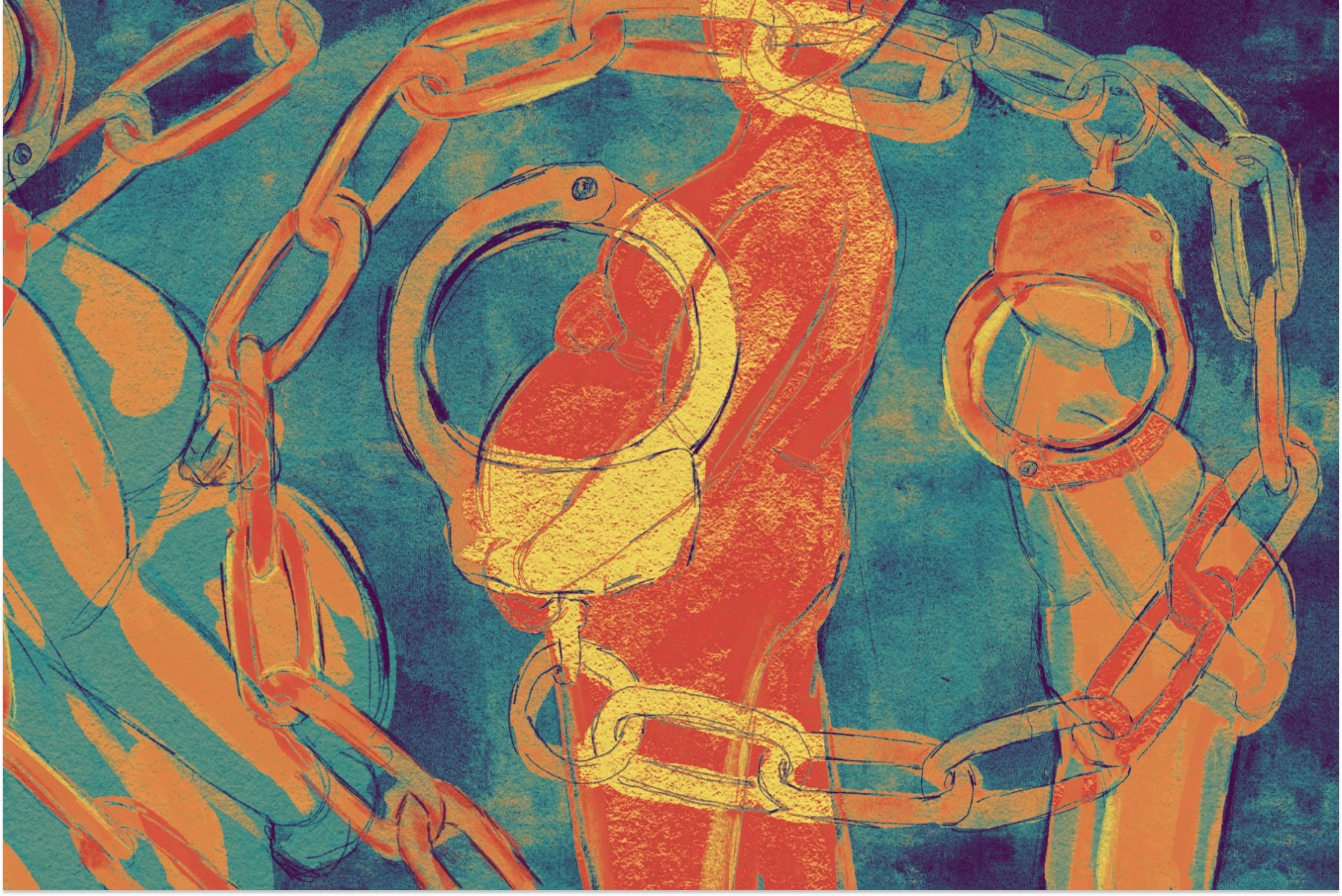 A digital illustration in colorful gouache shows a small crowd of abstract pregnant figures. A large pencil drawing of handcuffs on a chain is overlaid on the canvas in the shape of a spiral. It obscures the faces of the people.