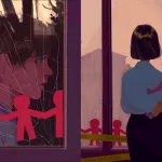 diptych of two illustrations. on the left: a child looks out the shattered window of a day care center. on the right: a mother holds her child in front of a daycare surrounded by police tape.