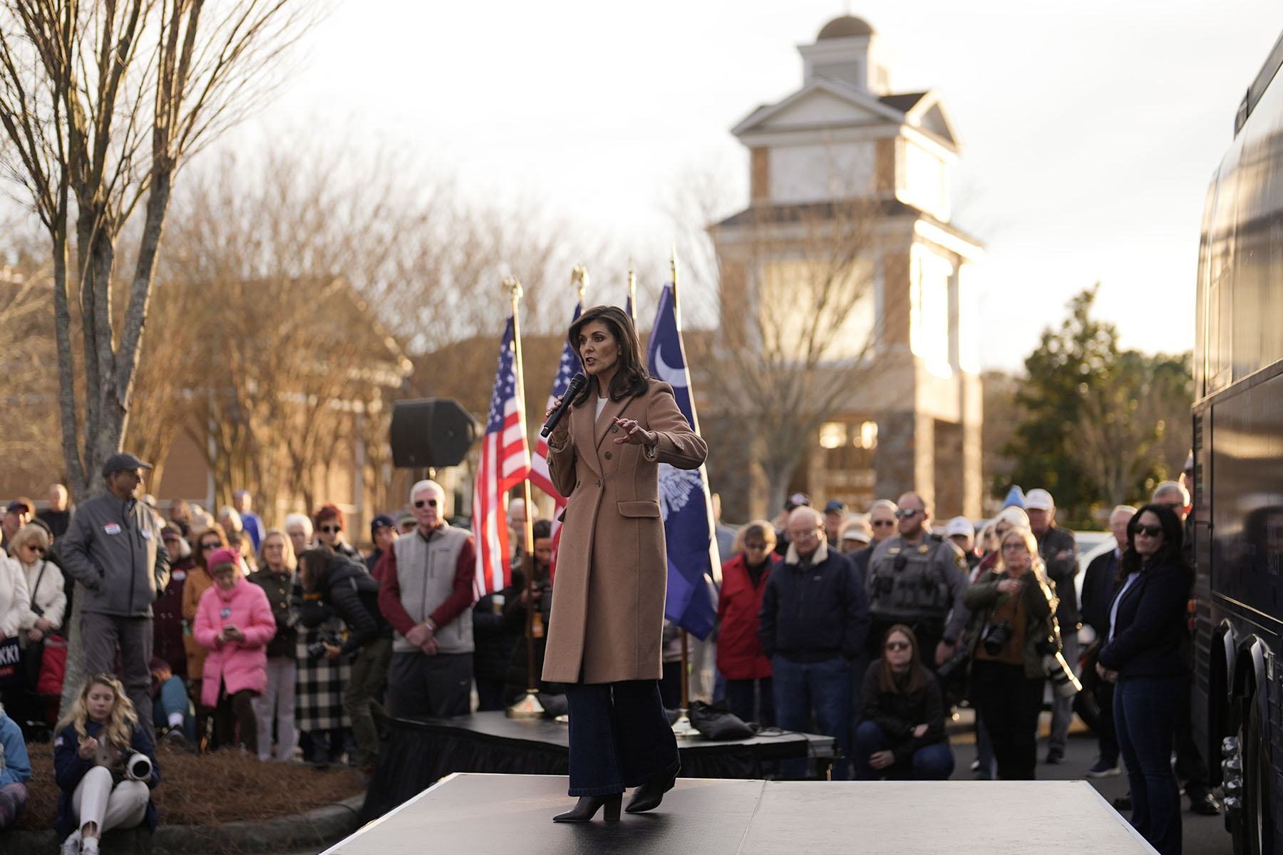Nikki Haley speaks on stage during a campaign event.