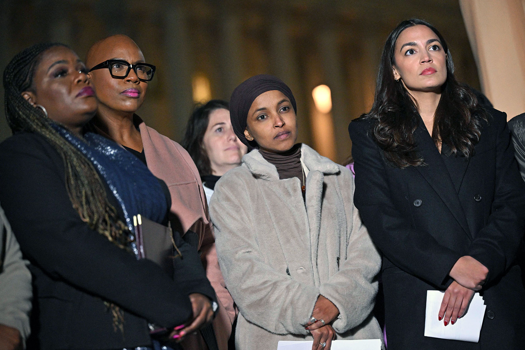 From left, Rep. Cori Bush, Rep. Ayanna Pressley, Rep. Ilhan Omar and Rep. Alexandria Ocasio-Cortez attend a news conference calling for a ceasefire between Israel and Hamas.