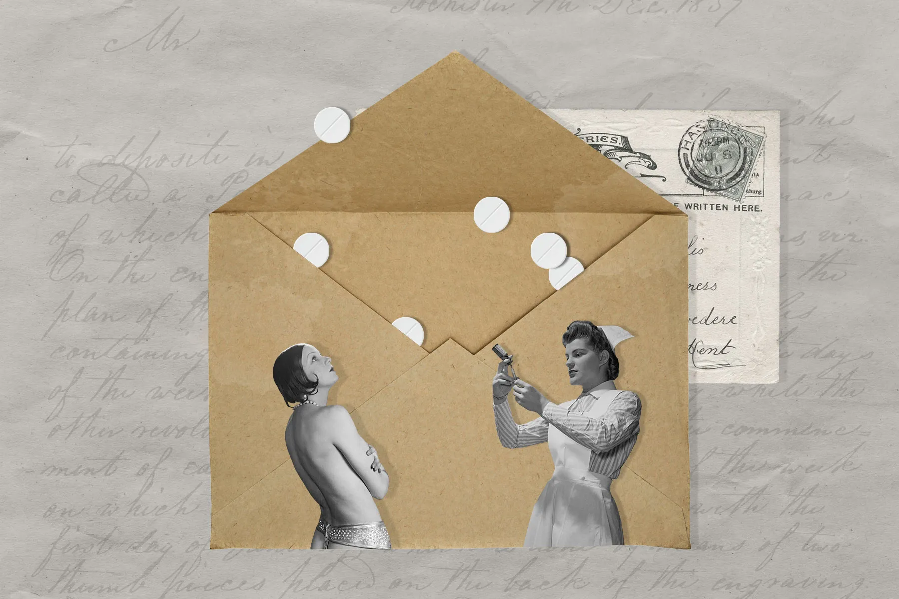 A photo illustration of a brown mailing envelope with pills spilling out of it. 19th-century women are positioned looking upwards at envelope contents.
