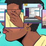 Illustration of the side profile of a Black woman with short hair speaking into a microphone; the upper half of her face is obscured with square vignettes showing Trump’s tweets, a closeup of her hand over her mouth, a laptop showing a Slack conversation, and the Capitol building.