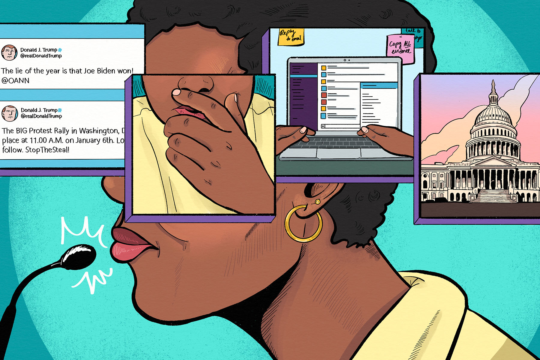 Illustration of the side profile of a Black woman with short hair speaking into a microphone; the upper half of her face is obscured with square vignettes showing Trump’s tweets, a closeup of her hand over her mouth, a laptop showing a Slack conversation, and the Capitol building.