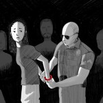 Illustration of a police officer arresting a woman with red handcuffs as shadowy figures watch the scene unfold.