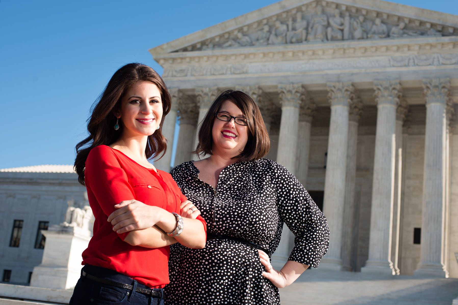 Anti-abortion activists Lila Rose (left) and Kristan Hawkins smile as they pose for a portrait on the Supreme Court steps.