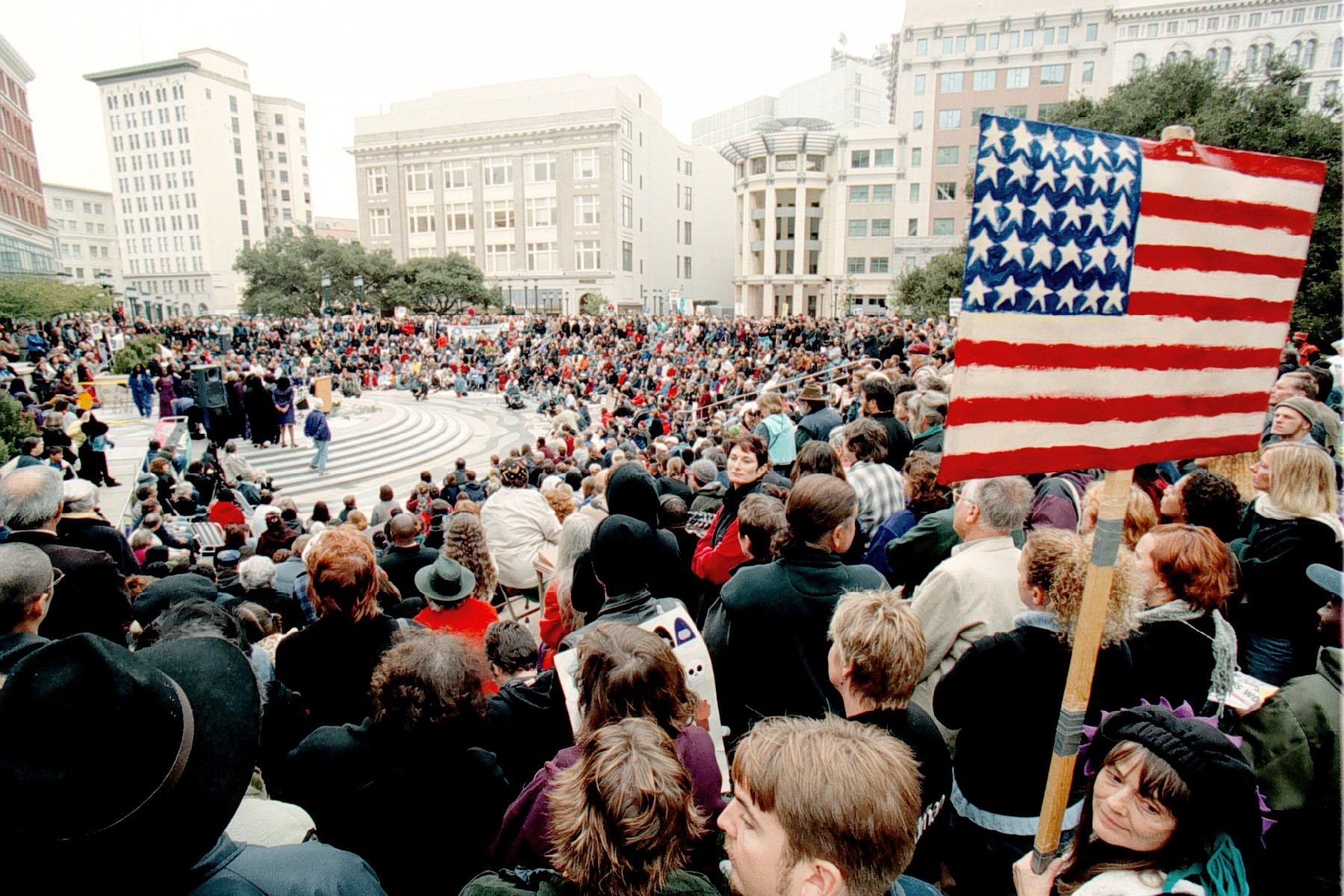 Thousands gather at Oakland's Frank H. Ogawa Plaza to thank Barbara Lee for her ‘No’ vote against using armed forces in retaliation for the September 11 terrorist attacks.