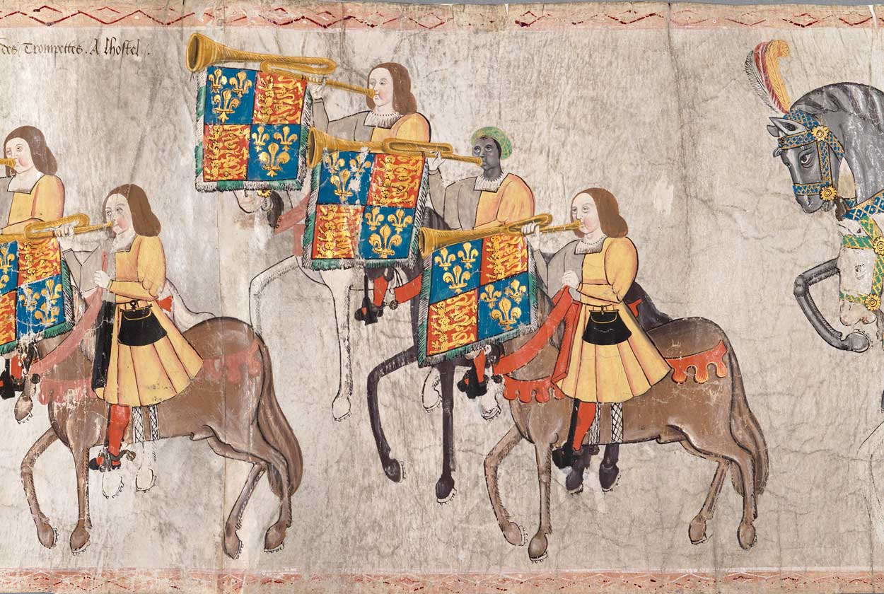John Blanke and his fellow trumpeters pictured on horseback at a jousting tournament in Westminster in 1511.