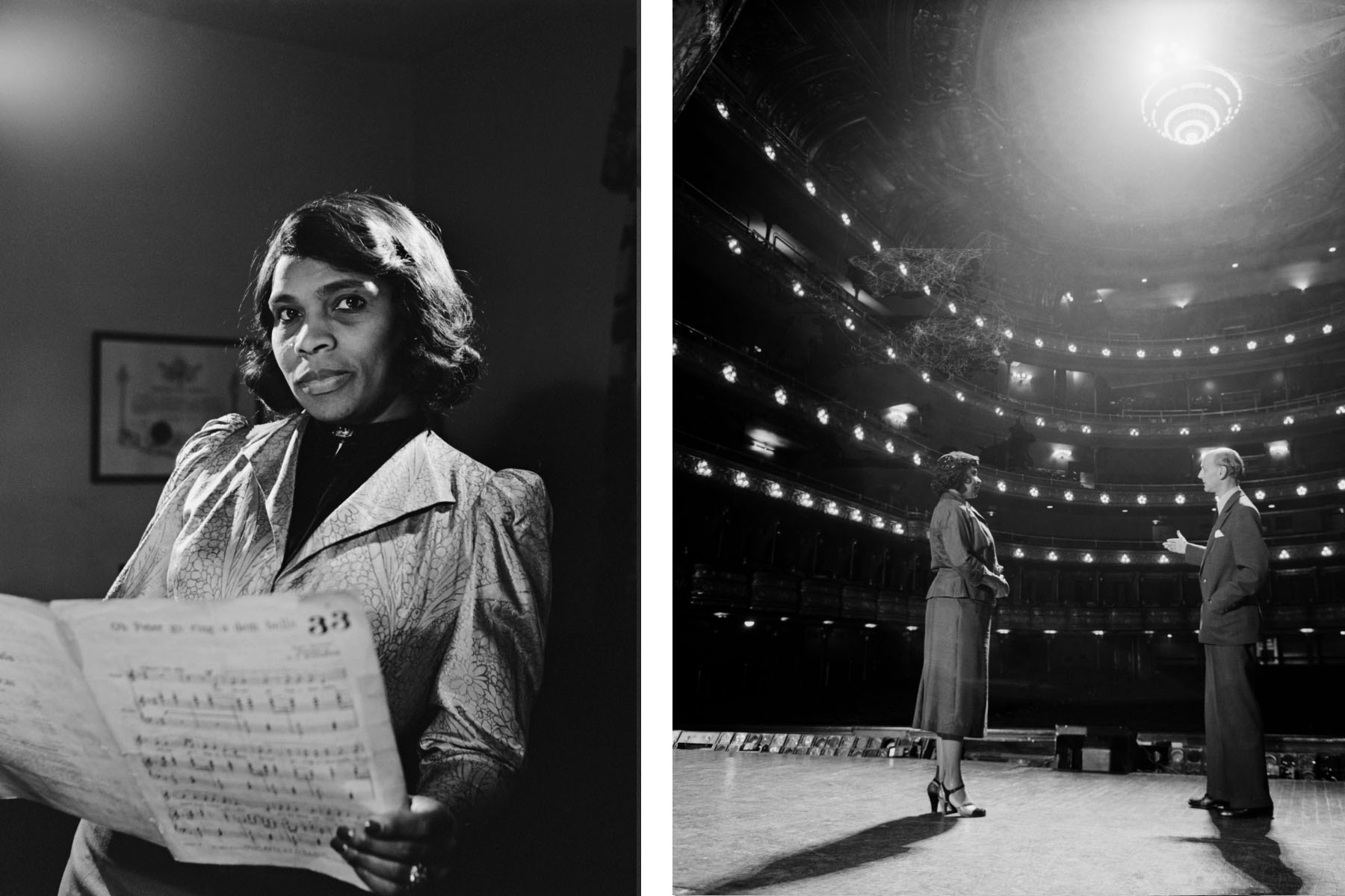 Dyptich of a portrait of singer Marian Anderson holding sheet music and Marian Anderson meeting the Metropolitan Opera's General Manager Rudolf Bing on stage in 1954.