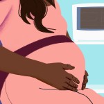 Illustration of a pregnant woman holding stomach in an exam room.