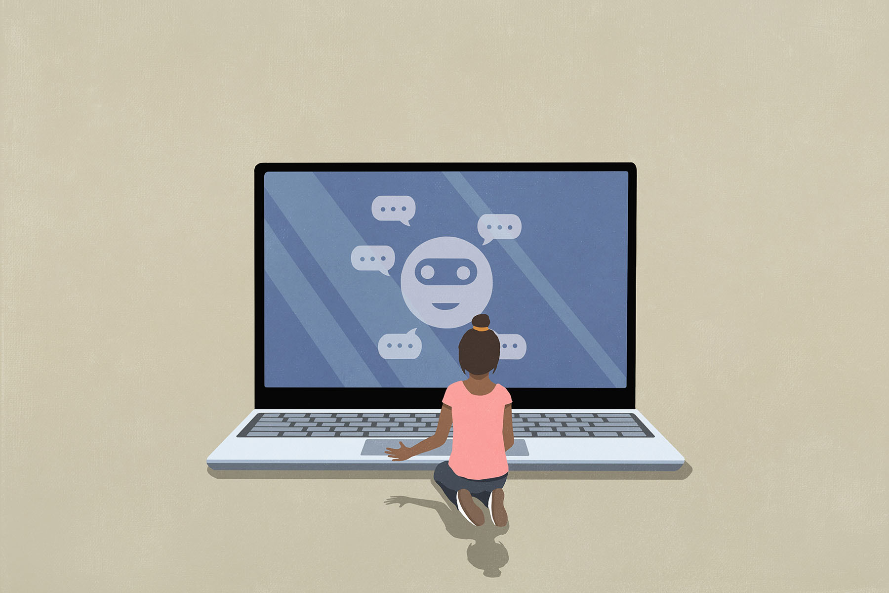 Illustration of girl video chatting in front of laptop screen