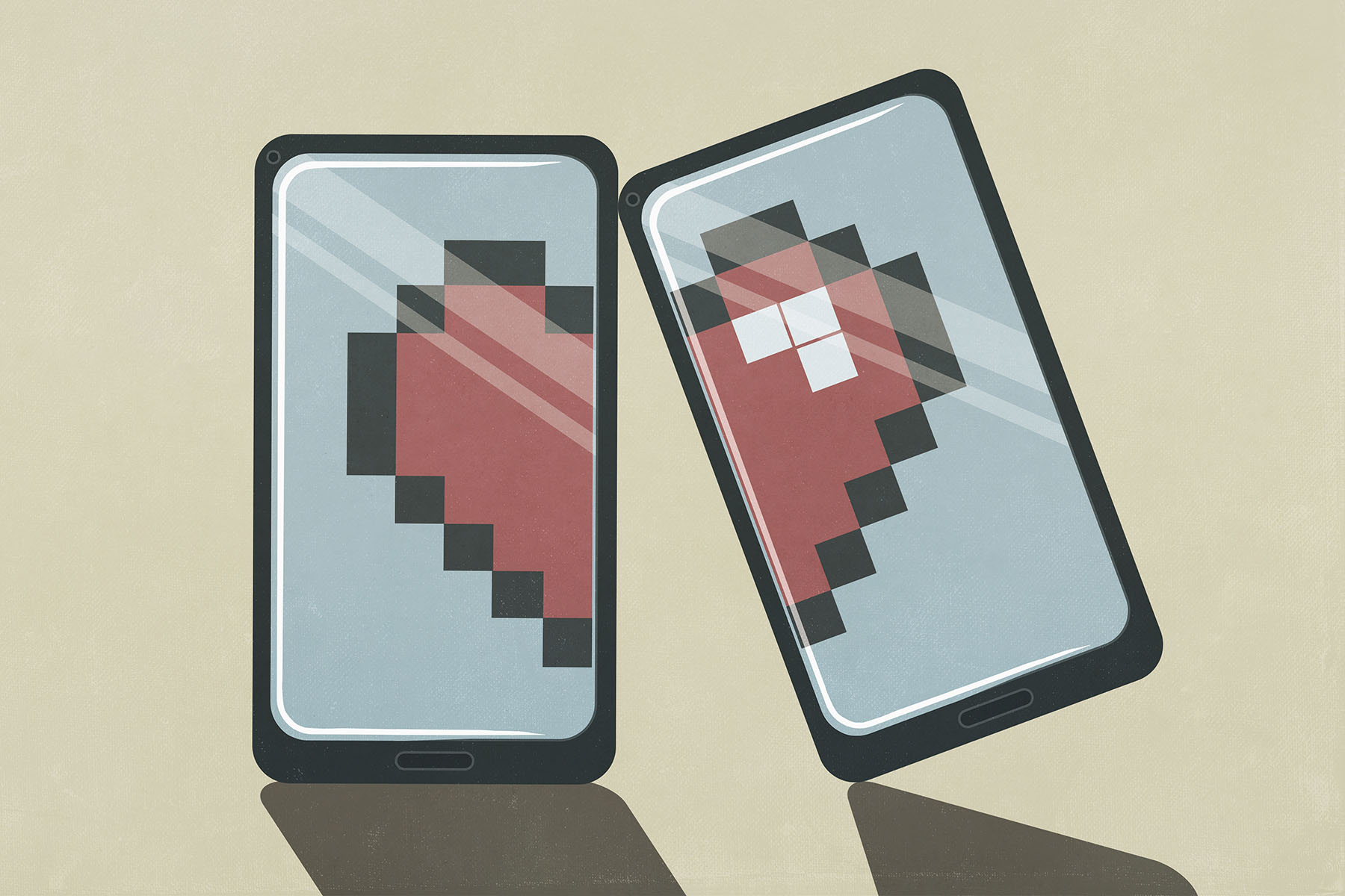 Illustration of pixelated broken heart on smart phone screens
