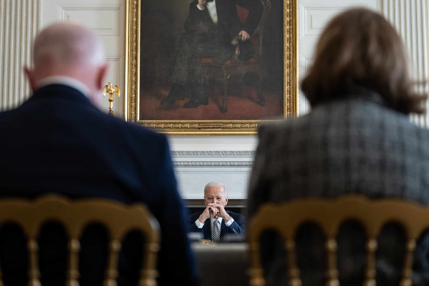President Joe Biden holds a Reproductive Health Task Force meeting in the State Dining Room of the White House.