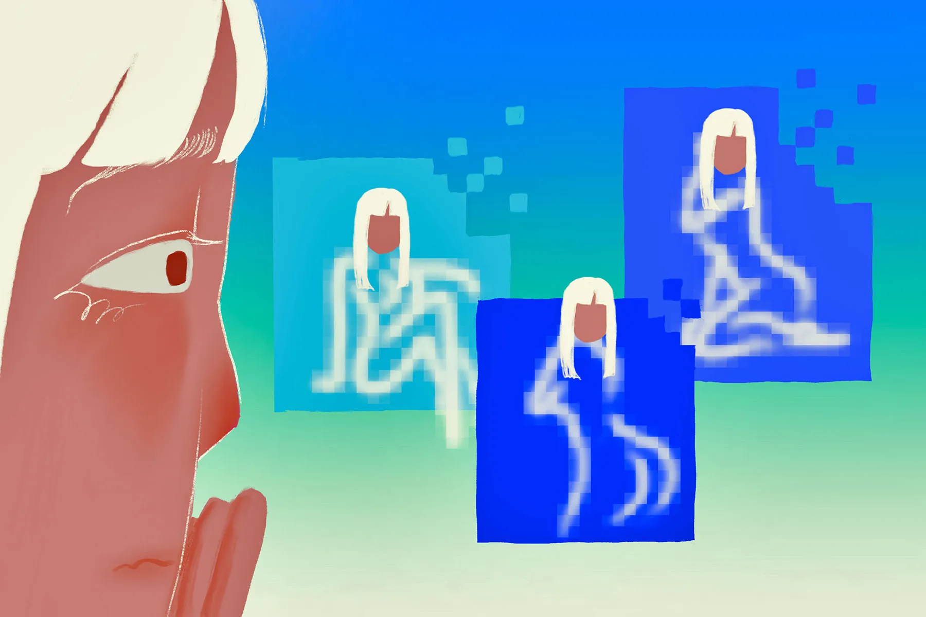 illustration of a person looking worriedly at pixelated nude images of themselves posing.