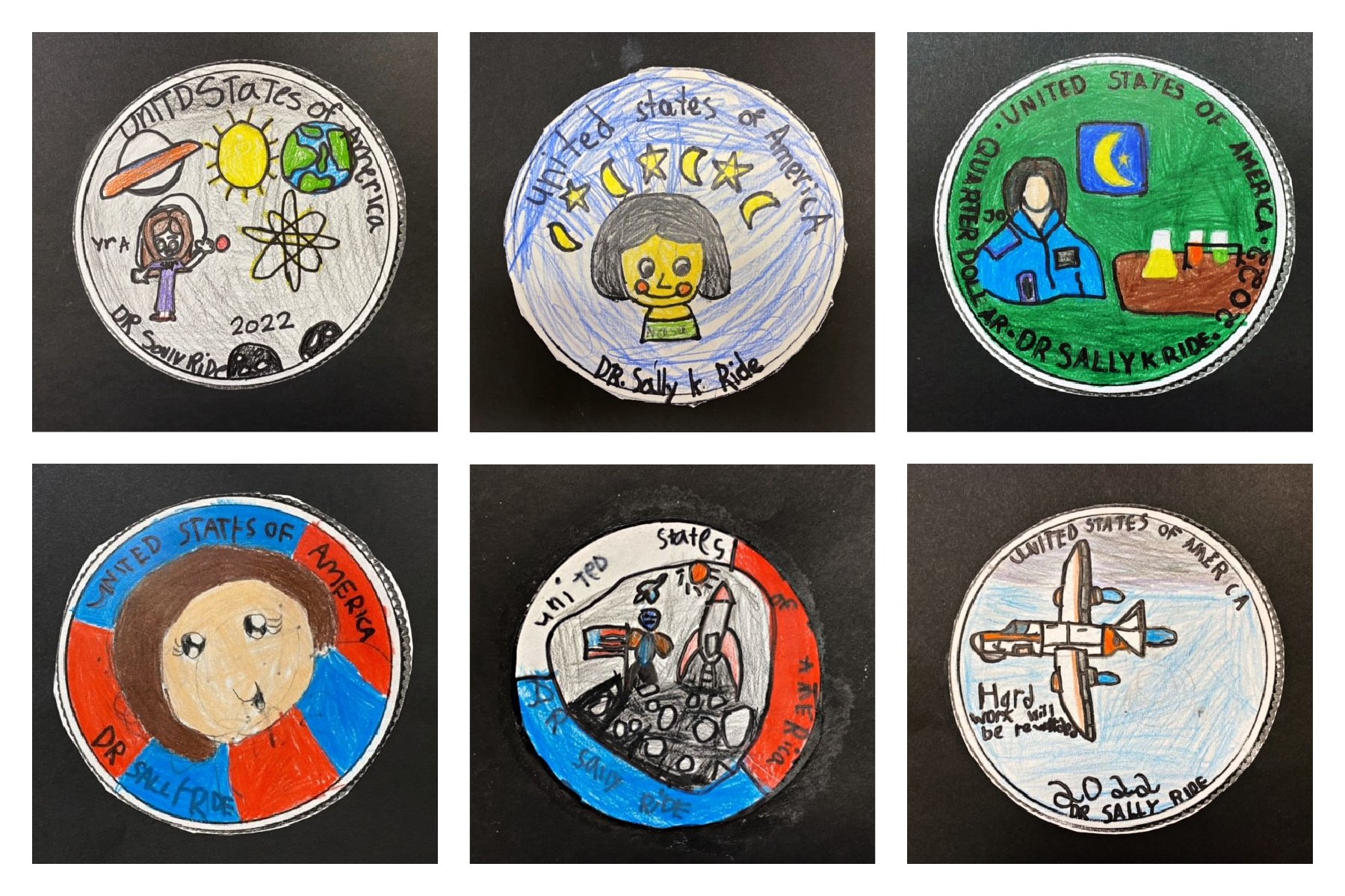 A collection of children's drawings depicting designs for their own Sally Ride quarters.
