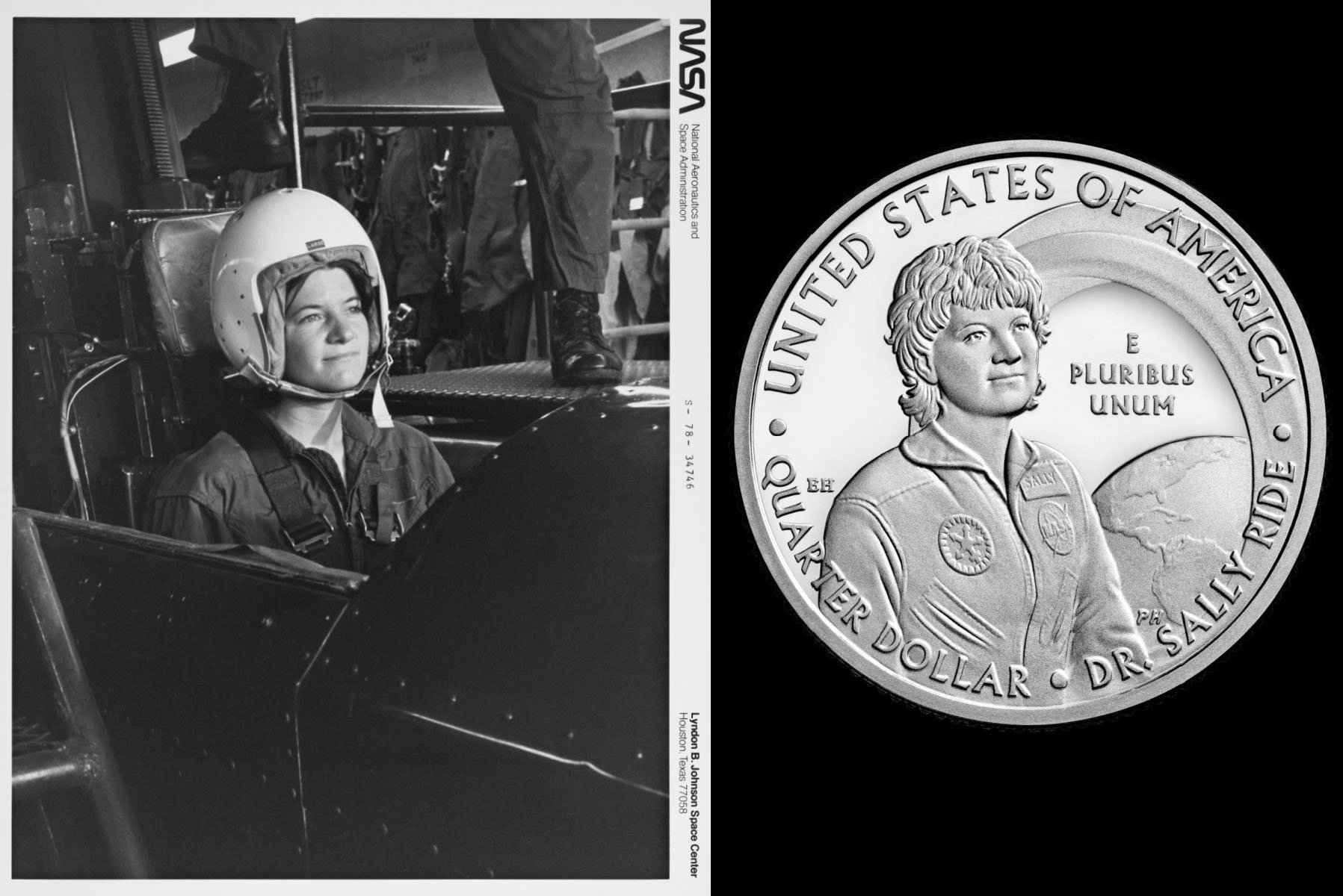On the left, American astronaut and physicist Sally Ride prepares for a simulated ejection during a training at Vance Air Force Base. On the right, a rendering of the Sally Ride quarter in which she is seen looking up in her NASA uniform.