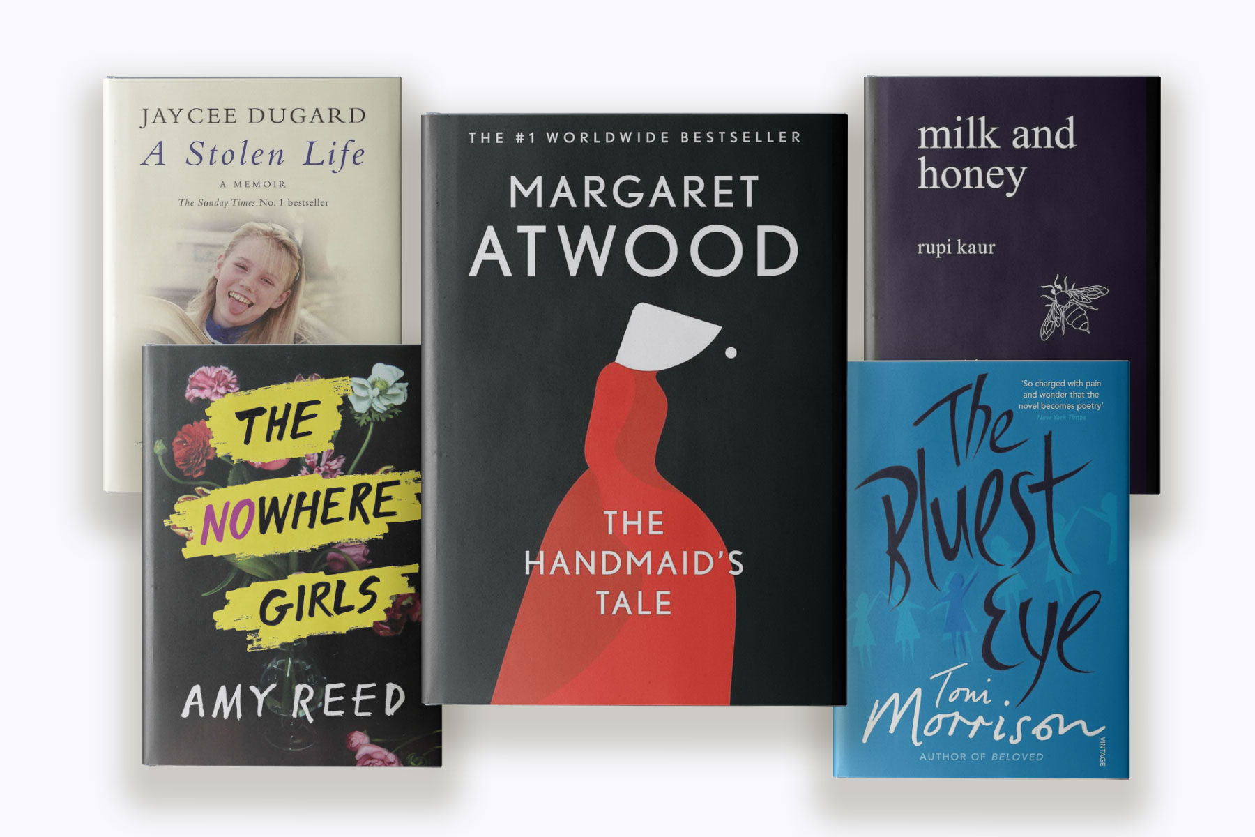 An image featuring Pen America's newly banned book covers from; "A Stolen Life: A Memior ny Jaycee Dugard, "The Nowhere Girls" by Amy Reed, "The Handmaids Tale, by Margaret Atwood, "Milk and Honey, by Rupi Kaur, and "The Bluest Eye" by Toni Morrison.