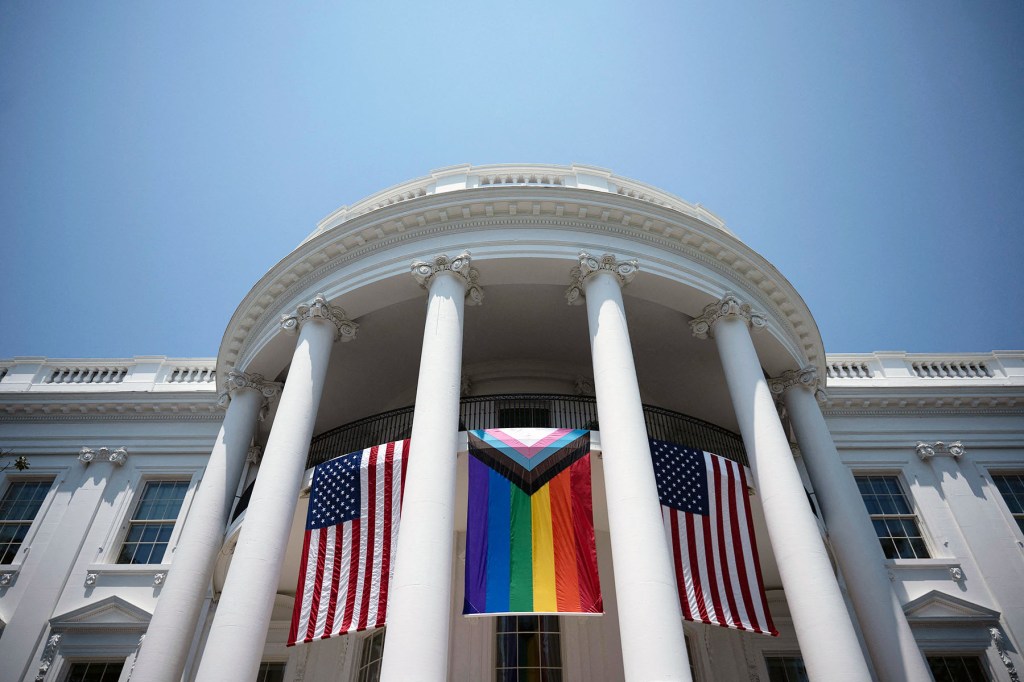 A Pride flag is displayed on the White House during a Pride celebration.
