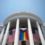 A Pride flag is displayed on the White House during a Pride celebration.