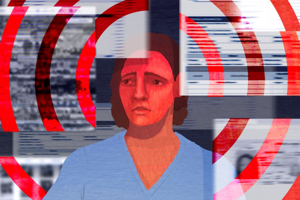 An illustration of a worried health care worker surrounded by images of web pages with personal information.There is red target focused on the healthcare worker.