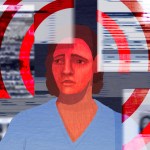 An illustration of a worried health care worker surrounded by images of web pages with personal information.There is red target focused on the healthcare worker.