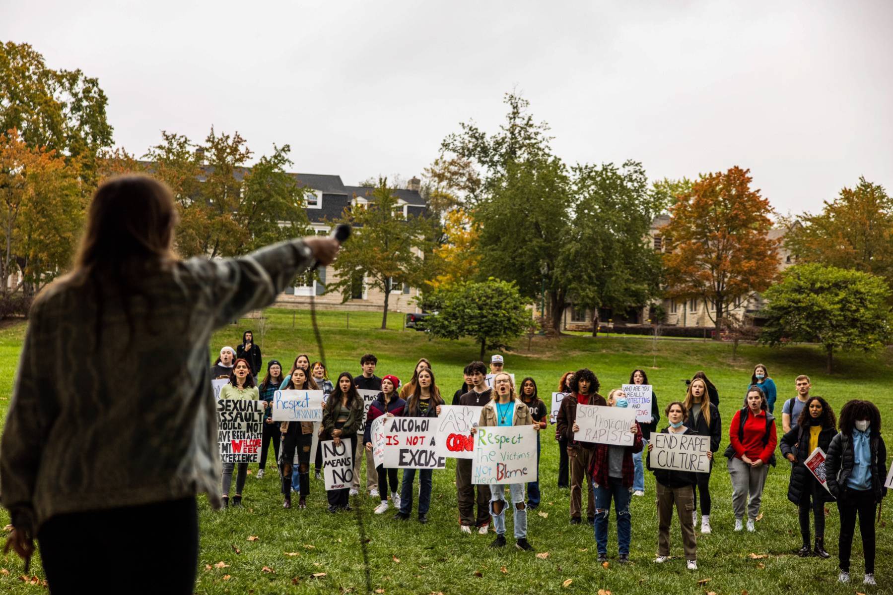Protesters chant in support of sexual assault survivors at Indiana University