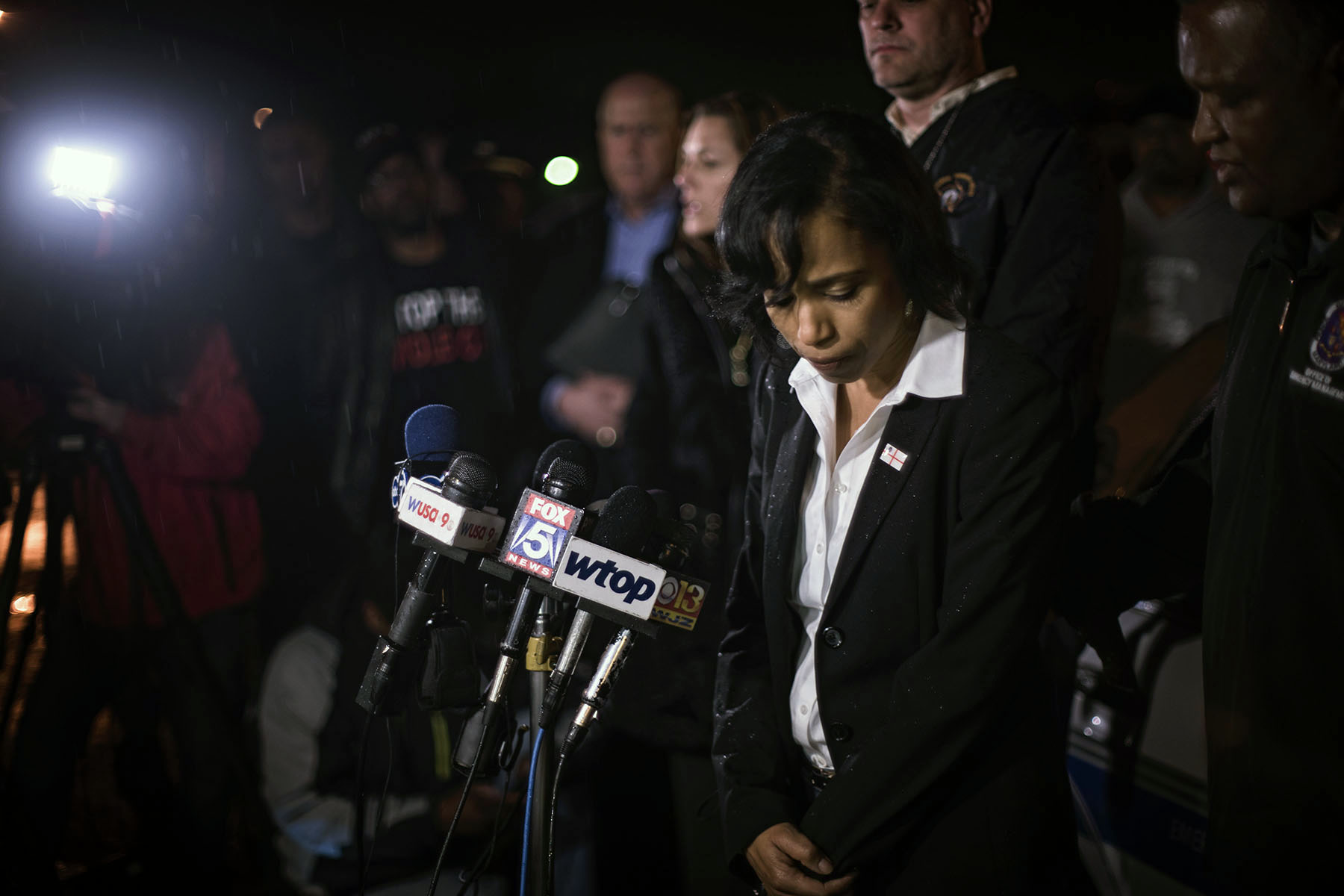 Angela Alsobrooks speaks to reporters outside Prince George's Hospital Center in Landover, Maryland.