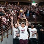 South Carolina coach Dawn Staley raises the NCAA Women's Basketball Championship trophy at a celebration at the Colonial Life Arena, in Columbia, South Carolina.