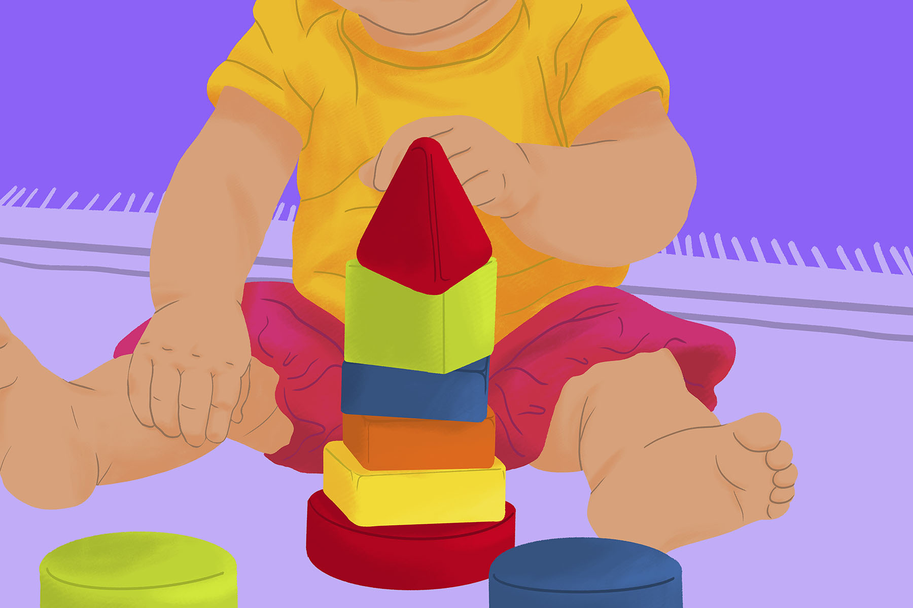 Close up illustration of a baby stacking block toys.