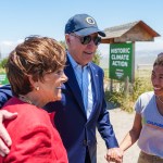 President Joe Biden greets environmental student Chiena Ty at an event on climate resilience at Baylands Nature Preserve.