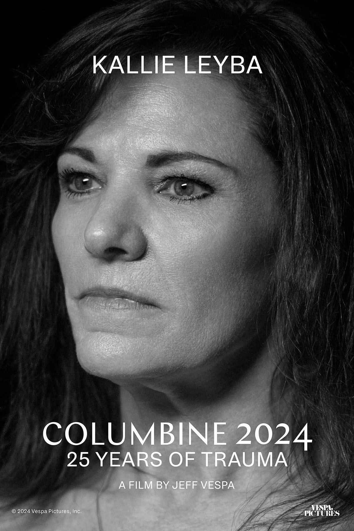 A poster for the documentary "Columbine 2024: 25 years of Trauma" features a black and white picture of Kallie Leyba.