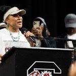 South Carolina head coach Dawn Staley speaks to fans at Colonial Life Arena in Columbia, South Carolina