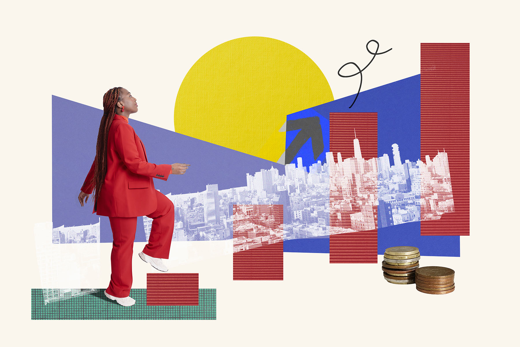 photo illustration of a woman in red suit stepping up a bar graph surrounded by growth and finance symbols