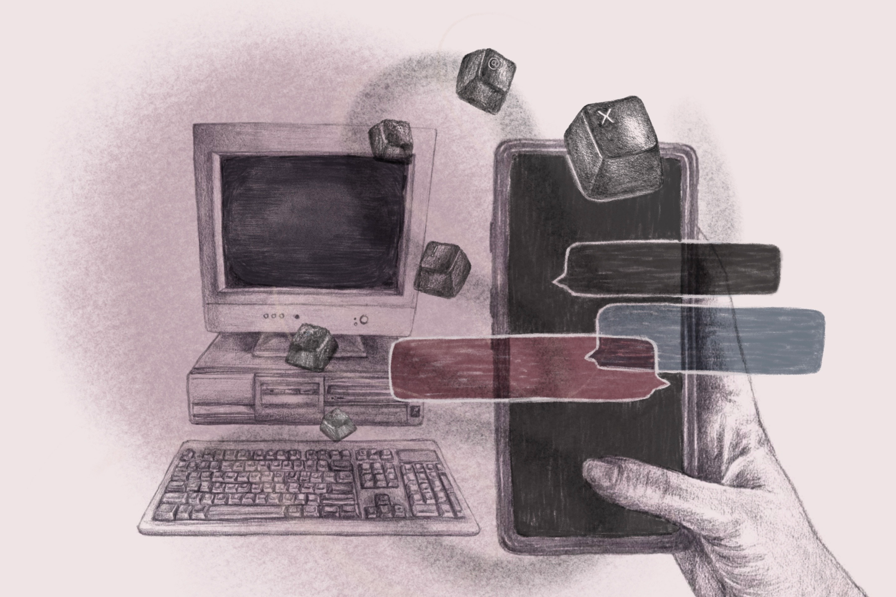 An illustration fo an old school Macintosh computer in the background with a hand holding a phone with chat bubbles. Computer keys float in the foreground.