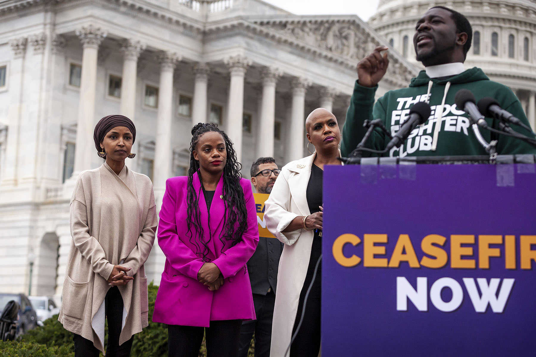 Rep. Ilhan Omar, Summer Lee, and Ayanna Pressley participate in a press conference in front of the U.S. Capitol.