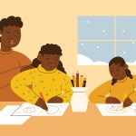 Illustration of a black mother and her daughter and son enjoying some coloring indoors.