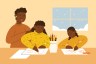Illustration of a black mother and her daughter and son enjoying some coloring indoors.