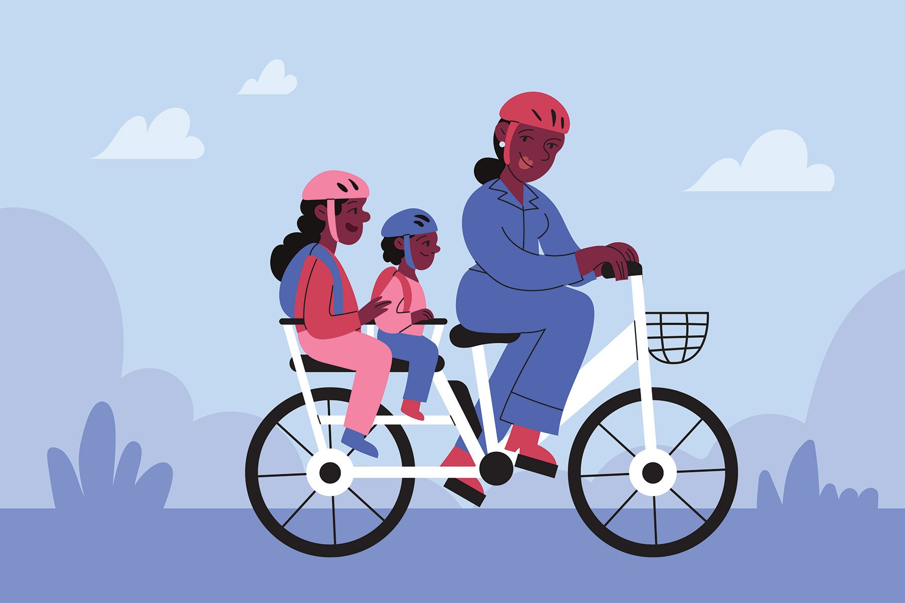 Illustration of a young black mother riding her bike with her two kids during their daily commute.