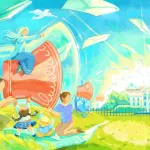An illustration for AAPI (Asian American Pacific Islander) month designed to capture what it means to be heard in our democracy. Asian families are pictured in the fore and middle ground of the image holding bullhorns with letters (their voices and votes) emanating from them into the White House in the background.