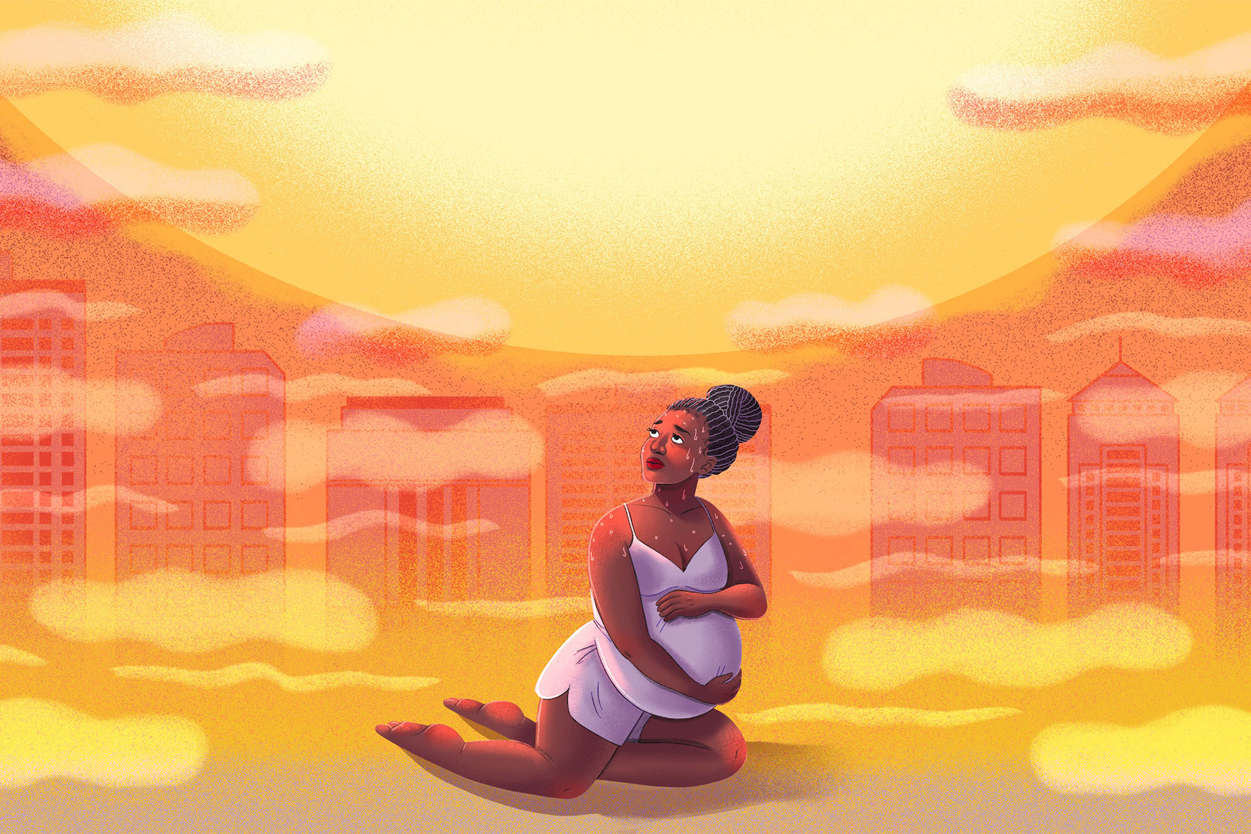 An illustration of a pregnant woman battling extreme sun and heat in a city.